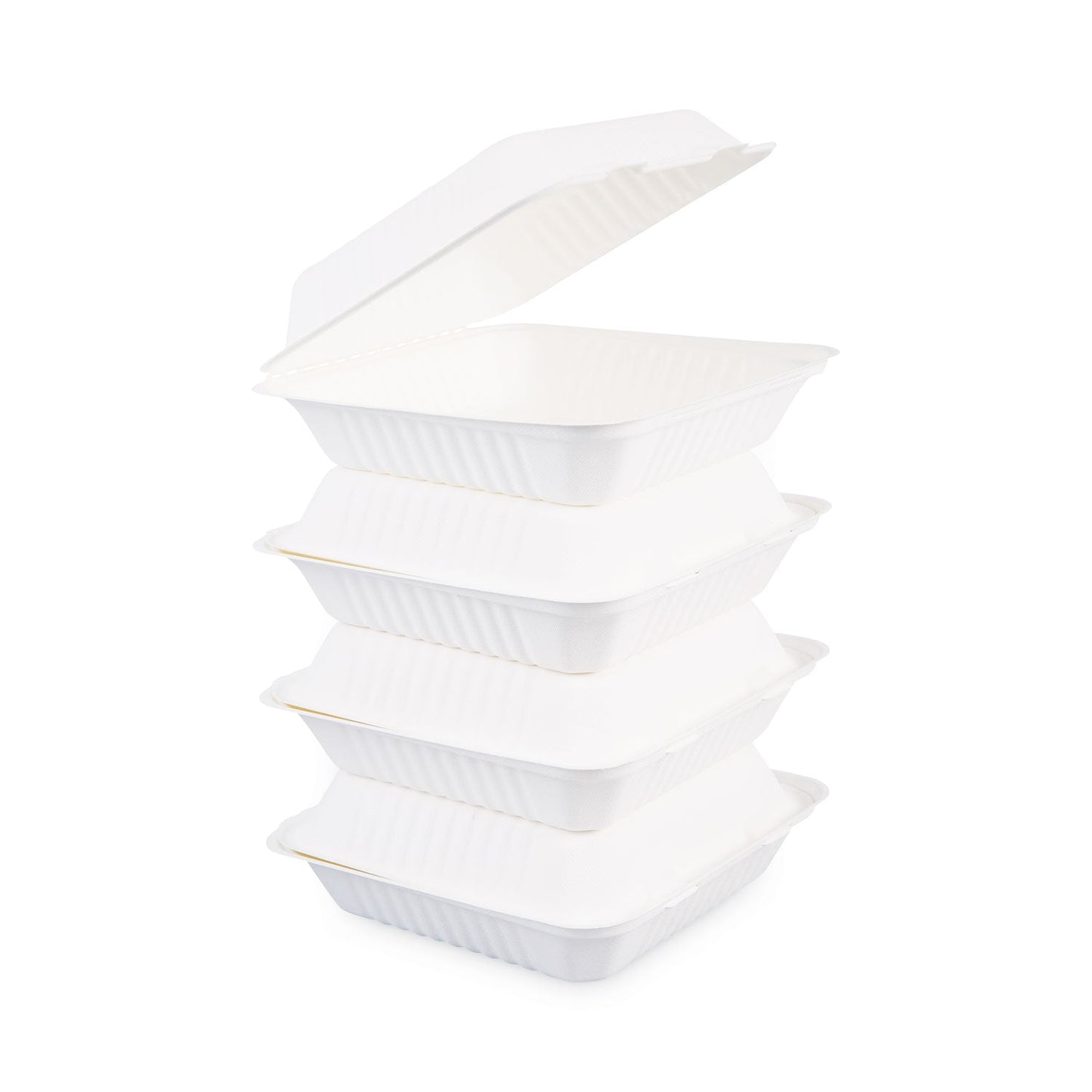 Boardwalk Bagasse Food Containers, Hinged-Lid, 1-Compartment 9 x 9 x 3.19, White,  Sugarcane, 100/Sleeve, 2 Sleeves/Carton