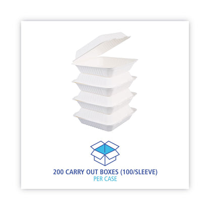 Boardwalk Bagasse Food Containers, Hinged-Lid, 1-Compartment 9 x 9 x 3.19, White,  Sugarcane, 100/Sleeve, 2 Sleeves/Carton