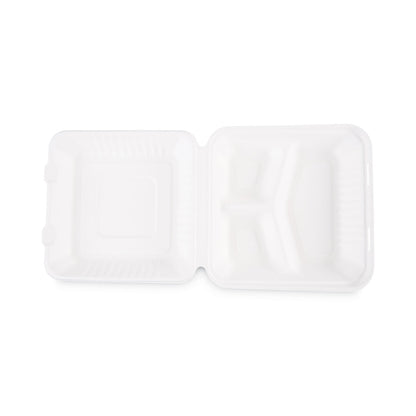 Boardwalk Bagasse Food Containers, Hinged-Lid, 3-Compartment 9 x 9 x 3.19, White, Sugarcane, 100/Sleeve, 2 Sleeves/Carton
