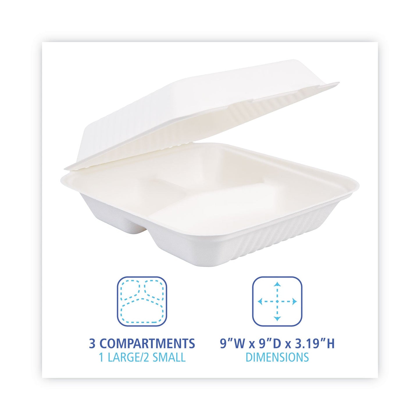 Boardwalk Bagasse Food Containers, Hinged-Lid, 3-Compartment 9 x 9 x 3.19, White, Sugarcane, 100/Sleeve, 2 Sleeves/Carton