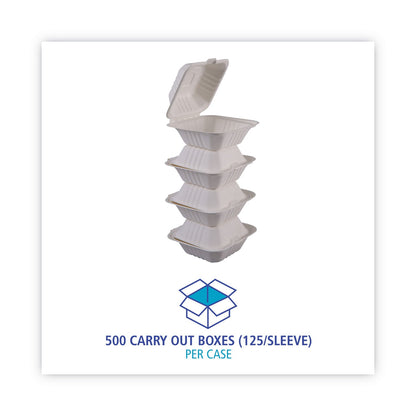 Boardwalk Bagasse Food Containers, Hinged-Lid, 1-Compartment 6 x 6 x 3.19, White, Sugarcane, 125/Sleeve, 4 Sleeves/Carton