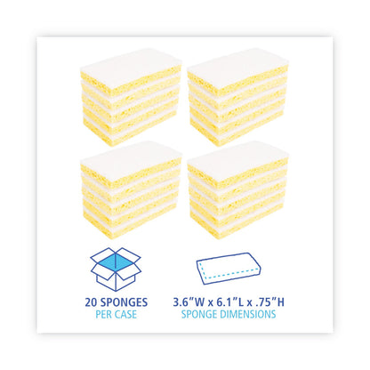 Boardwalk Scrubbing Sponge, Light Duty, 3.6 x 6.1, 0.7" Thick, Yellow/White, Individually Wrapped, 20/Carton