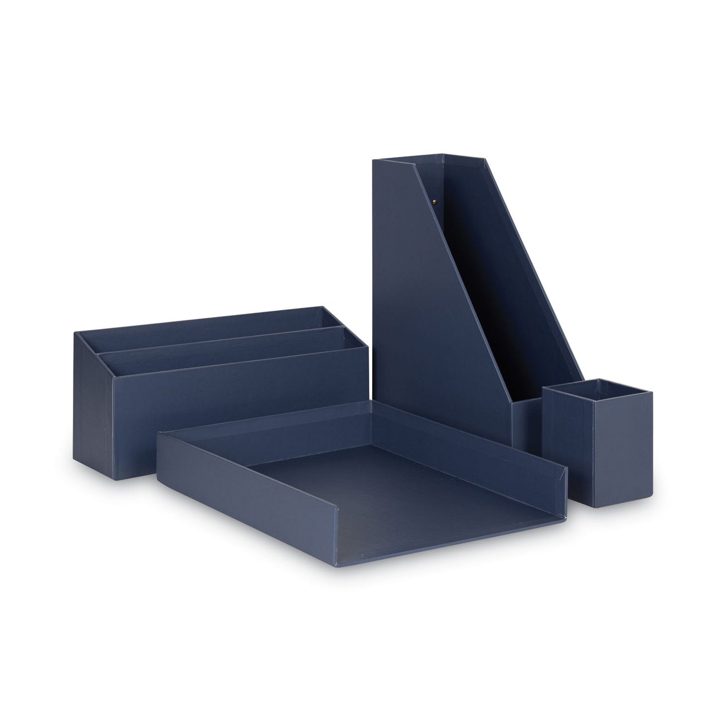 U Brands Four-Piece Desk Organization Kit, Magazine Holder/Paper Tray/Pencil Cup/Storage Bin, Chipboard, Navy