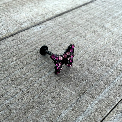 16G 5/16 Pink Gem Black Midnight Butterfly Labret Monroe Tragus