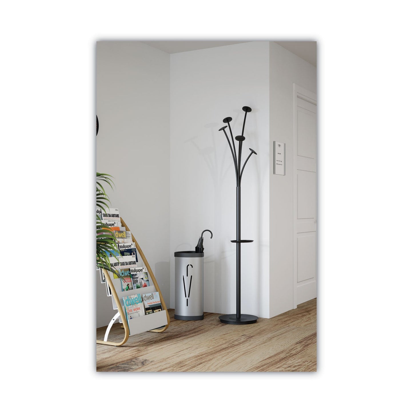 Alba Festival Coat Stand with Umbrella Holder, Five Knobs, 14w x 14d x 73.67h, Black