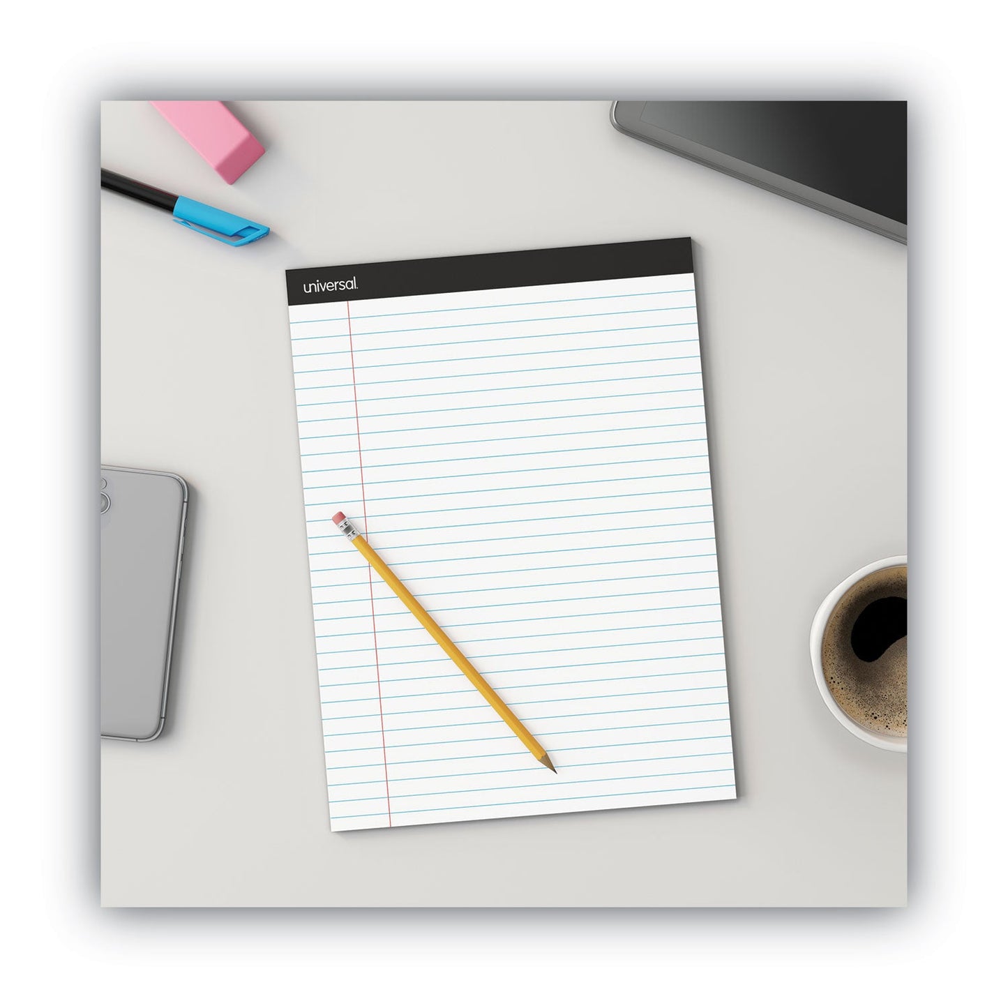 Universal Premium Ruled Writing Pads with Heavy-Duty Back, Wide/Legal Rule, Black Headband, 50 White 8.5 x 11 Sheets, 12/Pack