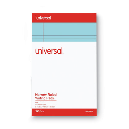Universal Colored Perforated Ruled Writing Pads, Narrow Rule, 50 Blue 5 x 8 Sheets, Dozen