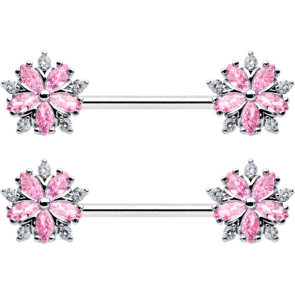 14G 9/16 Pink CZ Gem Floral Burst Barbell Nipple Ring Set
