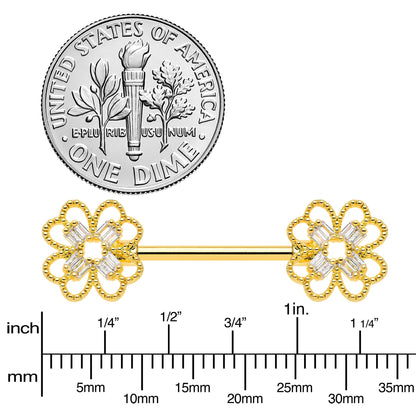 14G 5/8 Clear Gem Gold Tone Texture Cross Barbell Nipple Ring Set