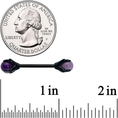 14G 9/16 Purple Amethyst Black Skeleton Hand Nipple Ring Set