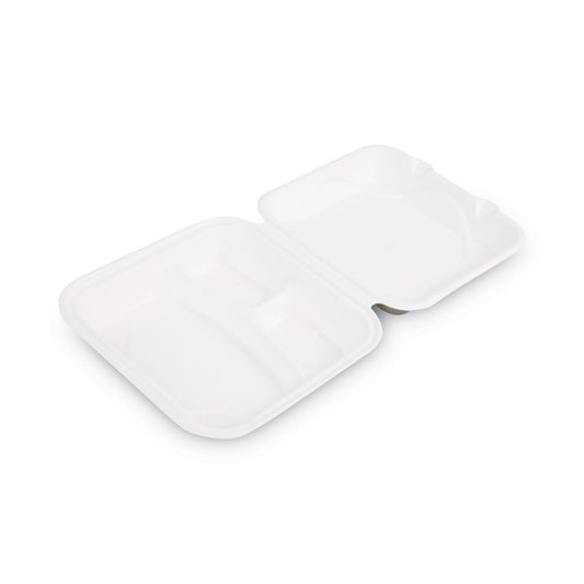 Eco-Products Renewable and Compost Sugarcane Clamshells, 3-Compartment, 9 x 9 x 3, White, 50/Pack, 4 Packs/Carton