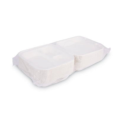 Eco-Products Renewable and Compost Sugarcane Clamshells, 3-Compartment, 9 x 9 x 3, White, 50/Pack, 4 Packs/Carton