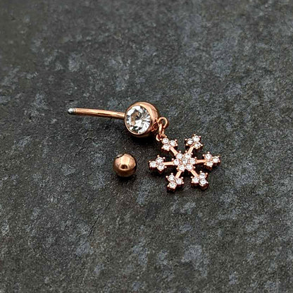 Clear Gem Rose Gold Tone Square Snowflake Holiday Dangle Belly Ring