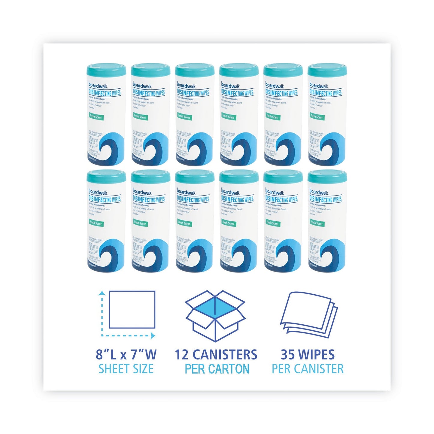 Boardwalk Disinfecting Wipes, 7 x 8, Fresh Scent, 35/Canister, 12 Canisters/Carton