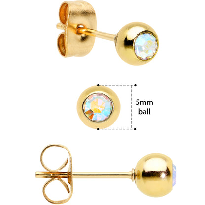 3mm 4mm 5mm Aurora Gem Gold Tone Ball 316L Steel Stud Earrings 3 Pack