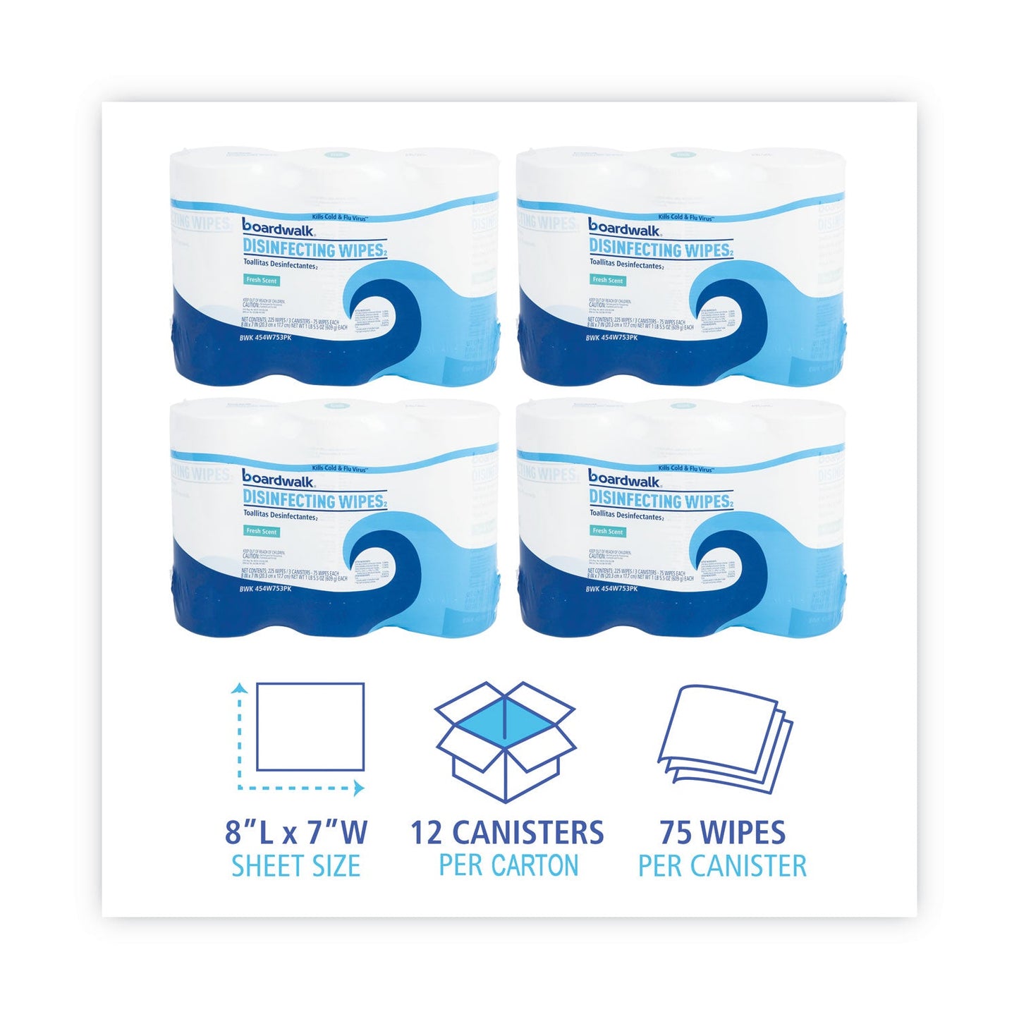 Boardwalk Disinfecting Wipes, 7 x 8, Fresh Scent, 75/Canister, 12 Canisters/Carton