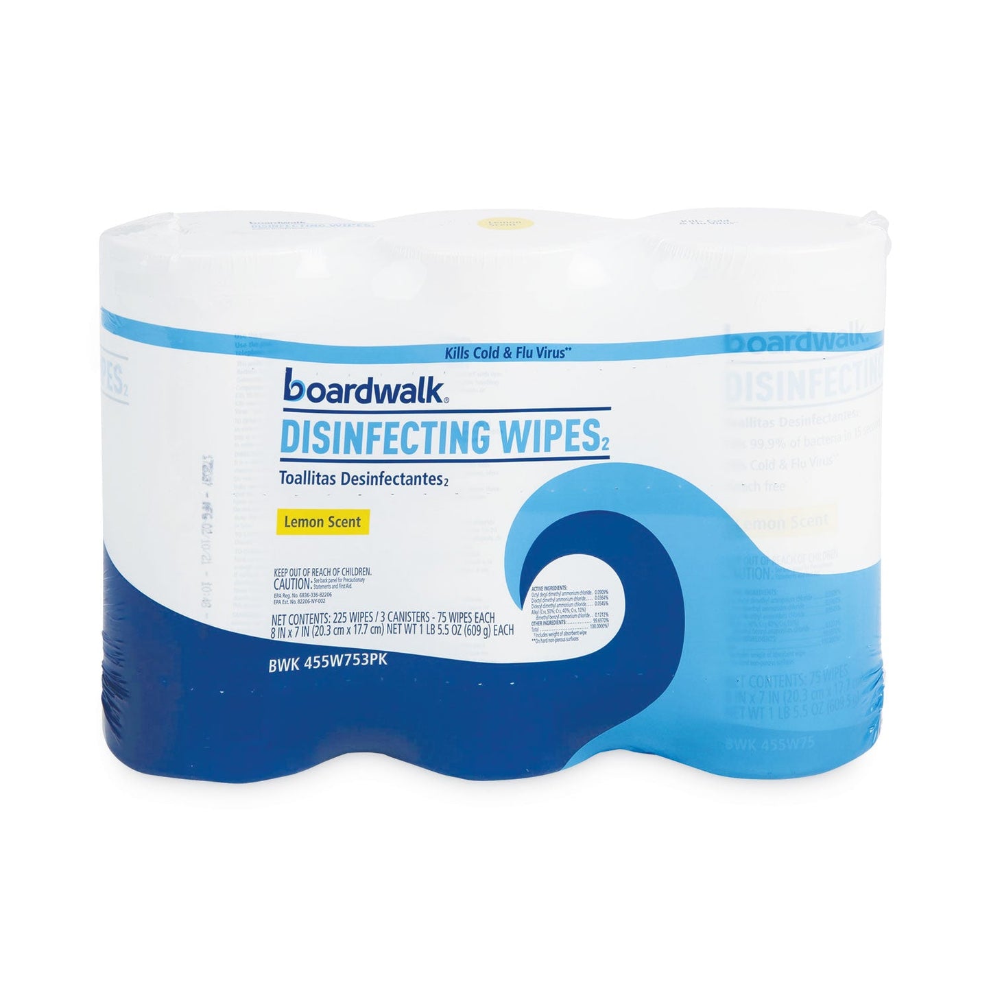 Boardwalk Disinfecting Wipes, 7 x 8, Lemon Scent, 75/Canister, 12 Canisters/Carton