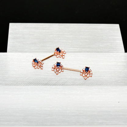 14G 9/16 Blue Gem Rosy Tone Glam Flare Barbell Nipple Ring Set