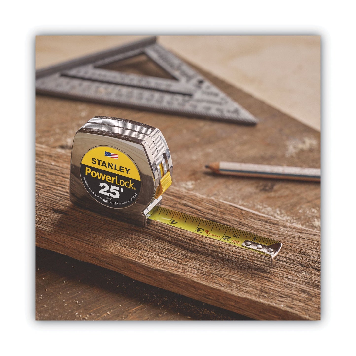 Stanley Powerlock II Power Return Rule, 1" x 25 ft, Chrome/Yellow