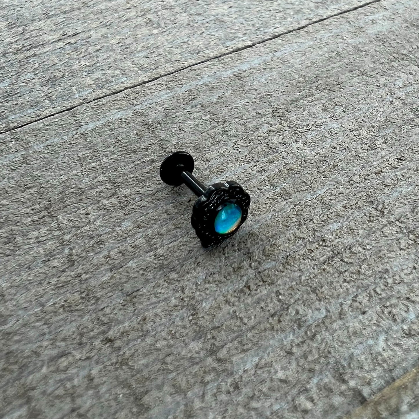 16G 5/16 White Tourmaline Black Filigree Labret Monroe Tragus