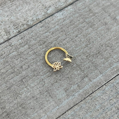 16G 3/8 Gold Tone Butterfly Lotus Flower Horseshoe Circular Barbell