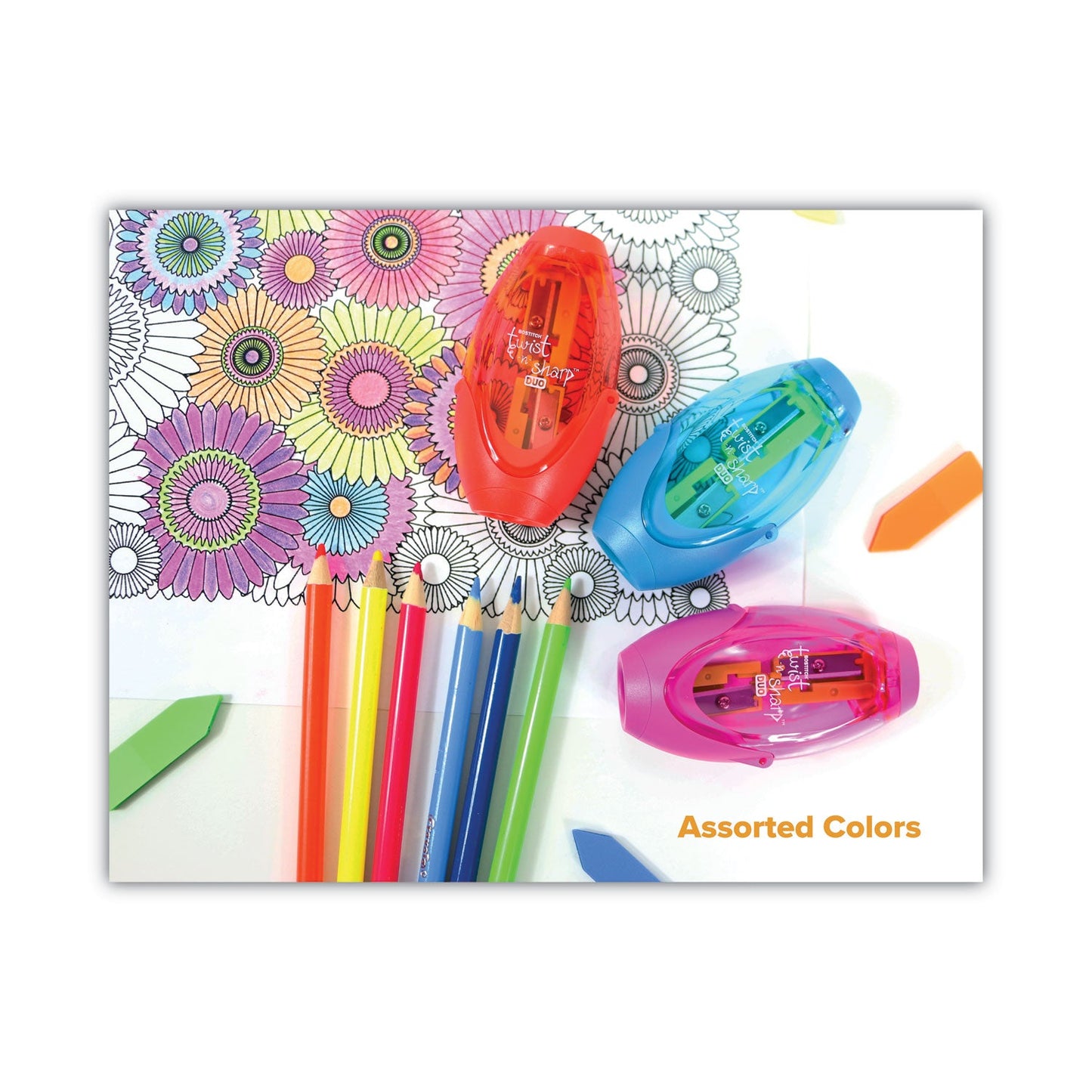 Bostitch Twist-n-Sharp Pencil Sharpener, Two-Hole, 3.91 x 1.5 x 5.88, Randomly Assorted Colors, 6/Pack