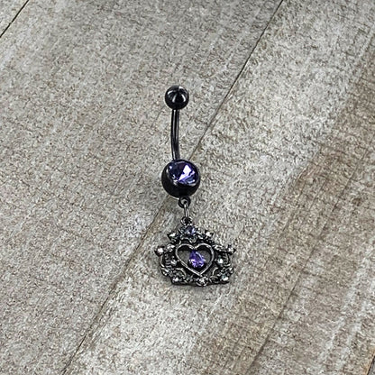 Purple Gem Black Regal Crown Dangle Belly Ring