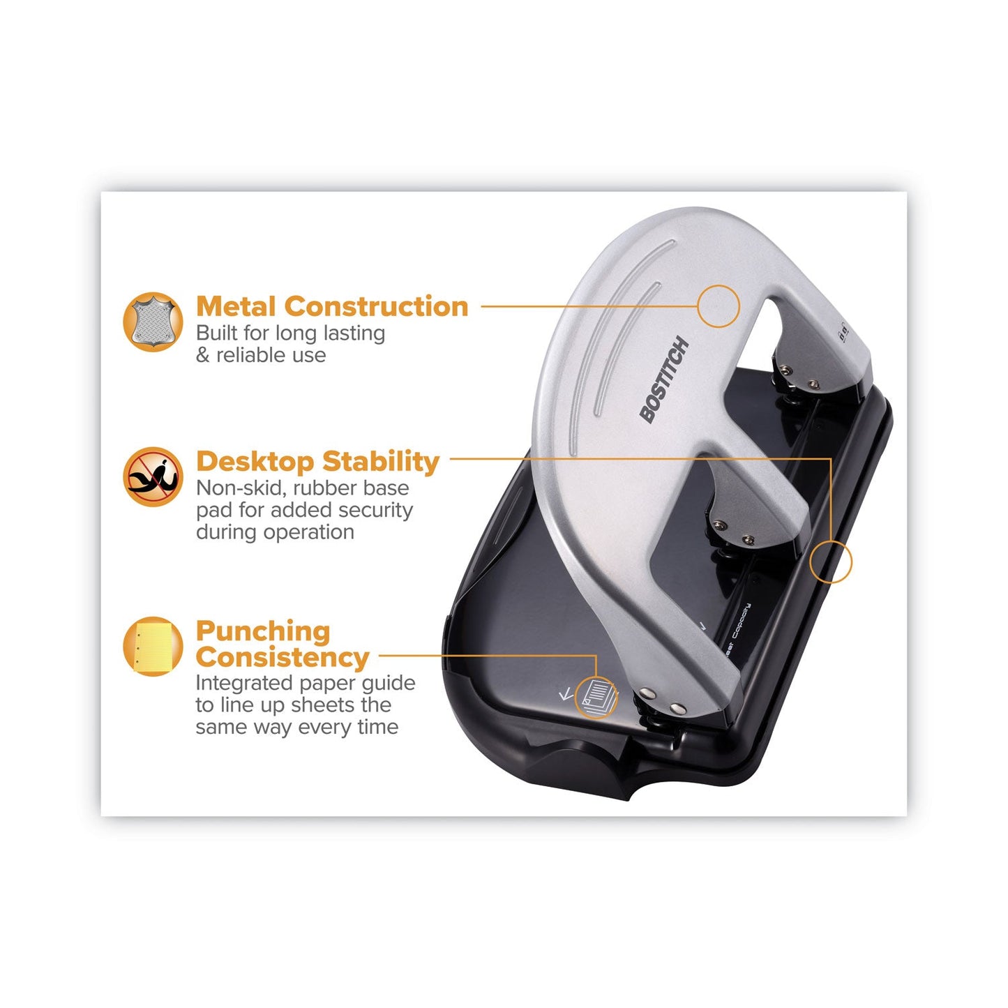 Bostitch 40-Sheet EZ Squeeze Three-Hole Punch, 9/32" Holes, Black/Silver