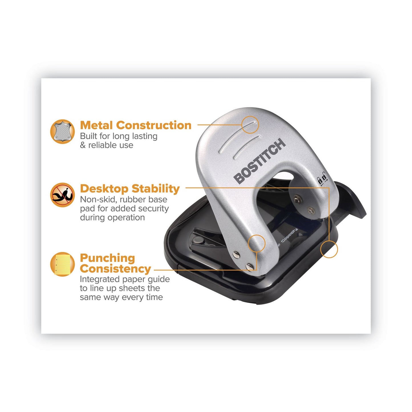 Bostitch 20-Sheet EZ Squeeze Two-Hole Punch, 9/32" Holes, Black/Silver