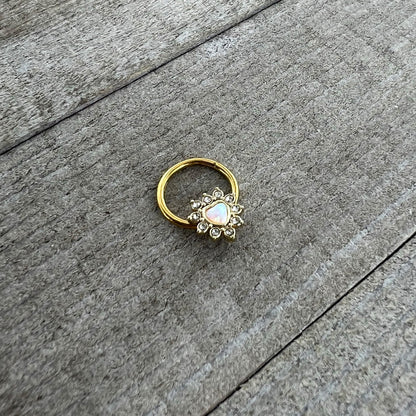 16G 3/8 White Faux Opal Gold Tone Sun Heart Hinged Segment Ring