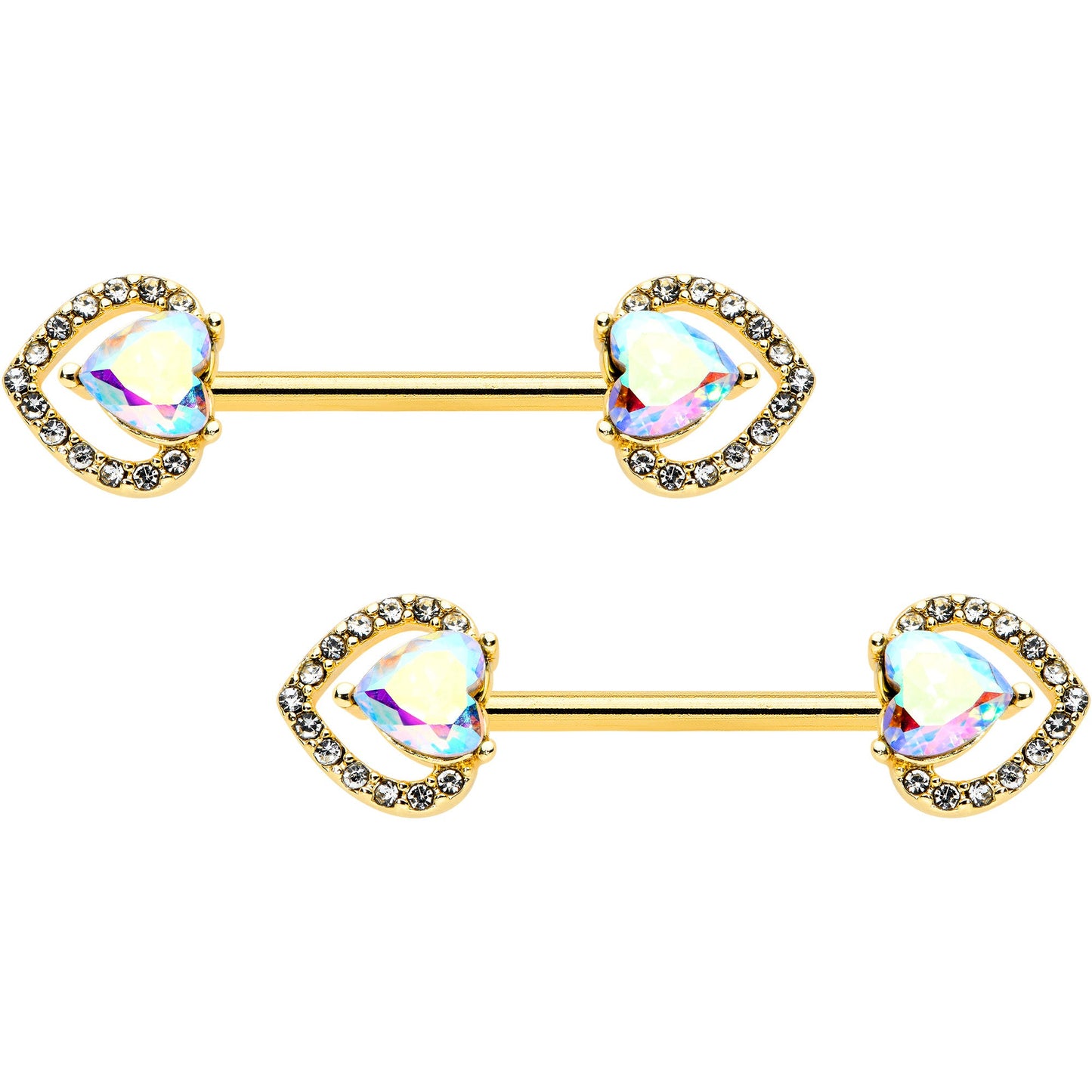 14G 9/16 Aurora Gem Gold Hue Rococo Heart Barbell Nipple Ring Set