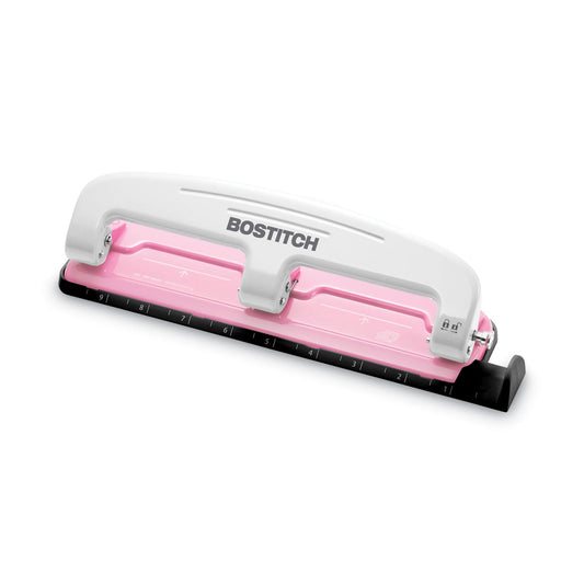 Bostitch 12-Sheet EZ Squeeze InCourage Three-Hole Punch, 9/32" Holes, Pink
