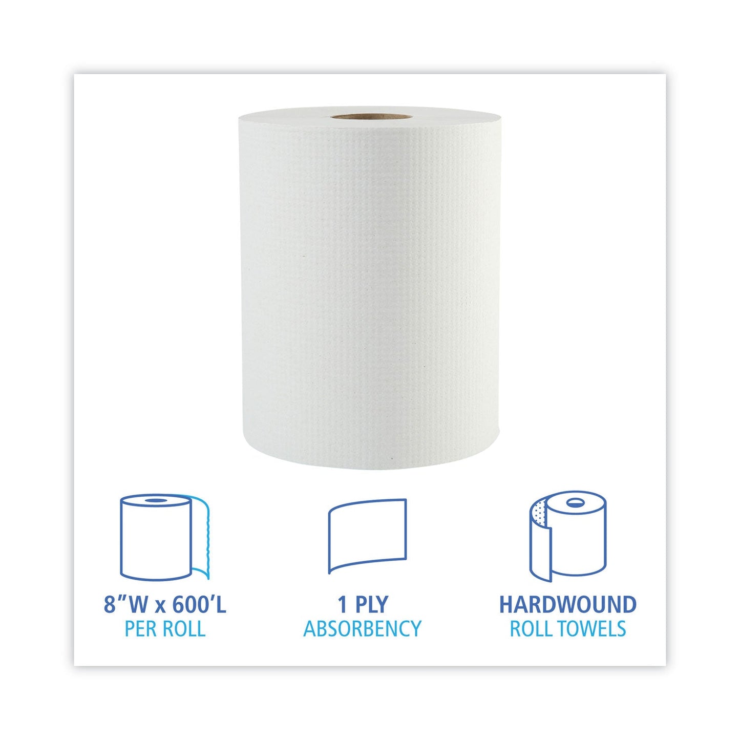 Boardwalk Hardwound Paper Towels, 1-Ply, 8" x 600 ft, White, 2" Core, 12 Rolls/Carton