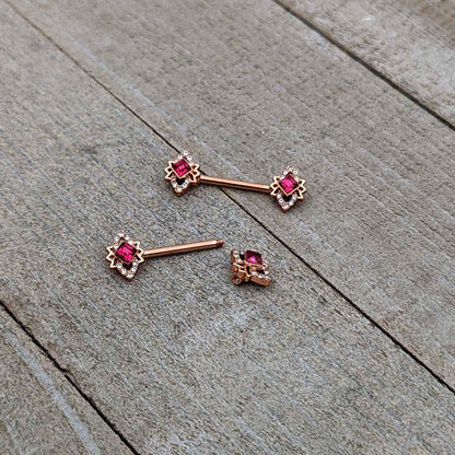 14G 9/16 Red Gem Rosy Tone Octogram Star Barbell Nipple Ring Set