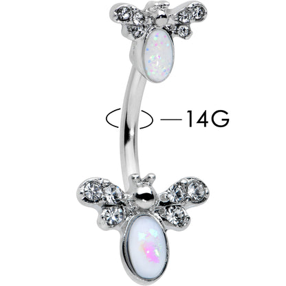 White Faux Opal Clear Gem Double Butterfly Double Mount Belly Ring