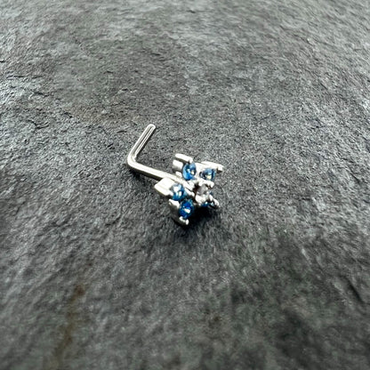 20G 1/4 Blue Clear CZ Gem Flower Beauty L Shape Nose Ring