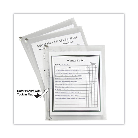 C-Line Zip 'N Go Reusable Envelope with Outer Pocket, 1" Capacity, 2 Sections, 10 x 13, Clear, 3/Pack