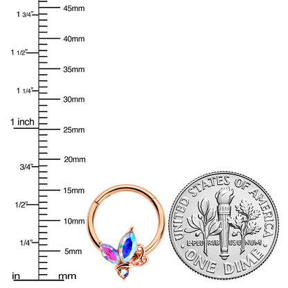 16G 3/8 Aurora CZ Gem Rosy Tone Fleur de Lis Butterfly Hinged Segment Ring
