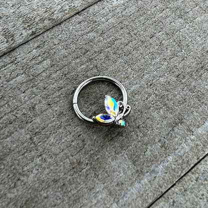 16G 3/8 Aurora CZ Gem Fleur de Lis Butterfly Hinged Segment Ring