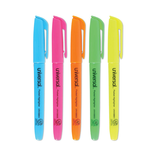 Universal Pocket Highlighters, Assorted Ink Colors, Chisel Tip, Assorted Barrel Colors, 5/Set