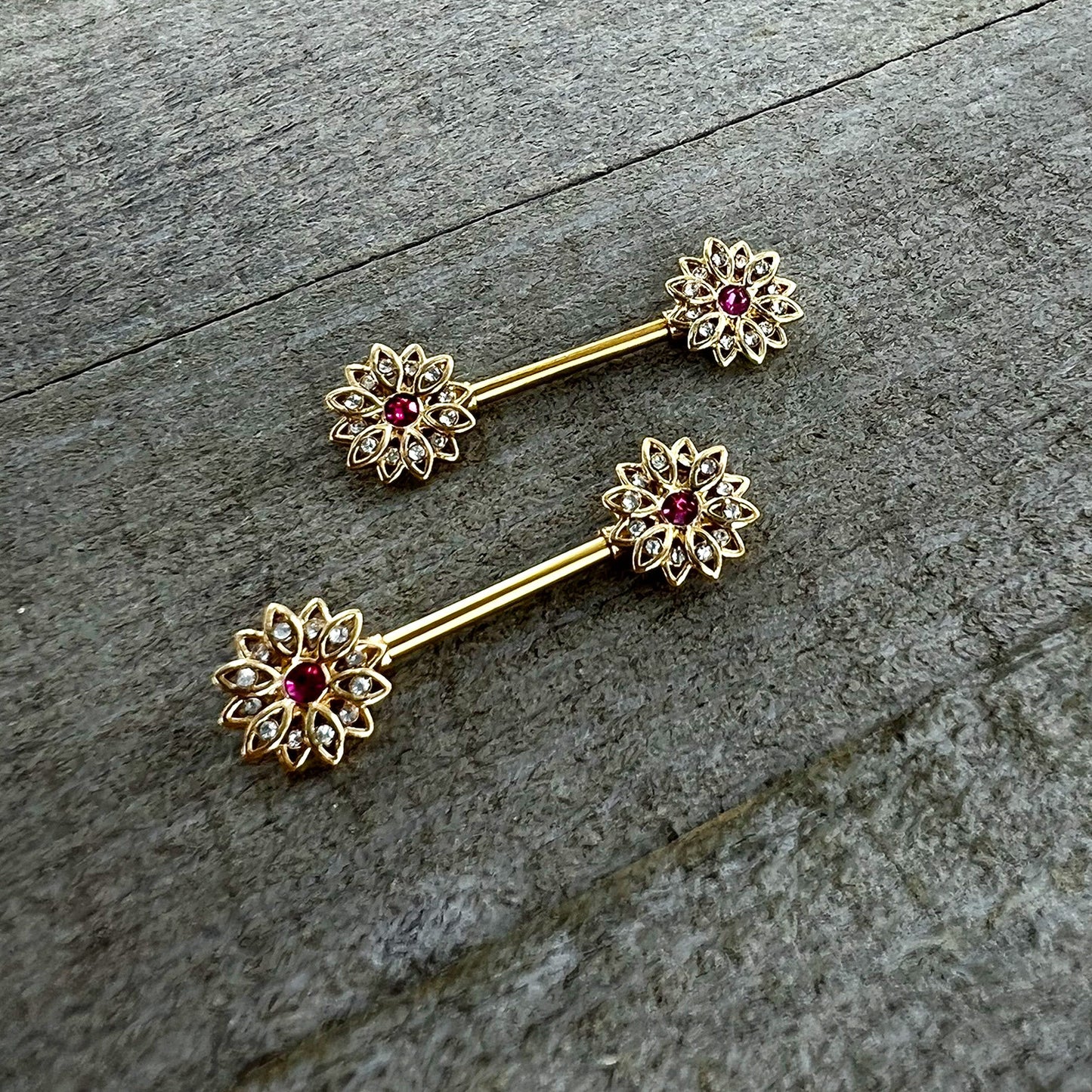 14G 9/16 Clear Pink Gem Gold Tone Starry Flower Nipple Ring Set