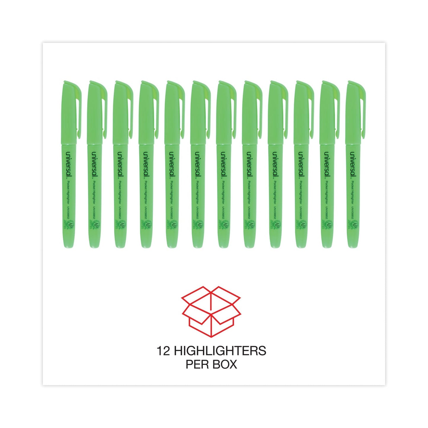 Universal Pocket Highlighters, Fluorescent Green Ink, Chisel Tip, Green Barrel, Dozen