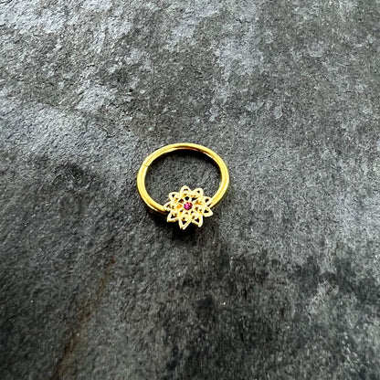 16G 3/8 Pink Gem Gold Tone Starry Flower Hinged Segment Ring