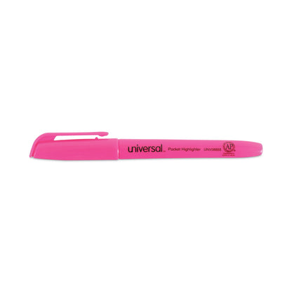 Universal Pocket Highlighters, Fluorescent Pink Ink, Chisel Tip, Pink Barrel, Dozen