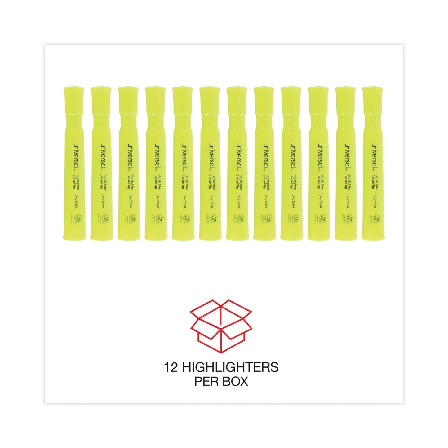 Universal Desk Highlighters, Fluorescent Yellow Ink, Chisel Tip, Yellow Barrel, Dozen