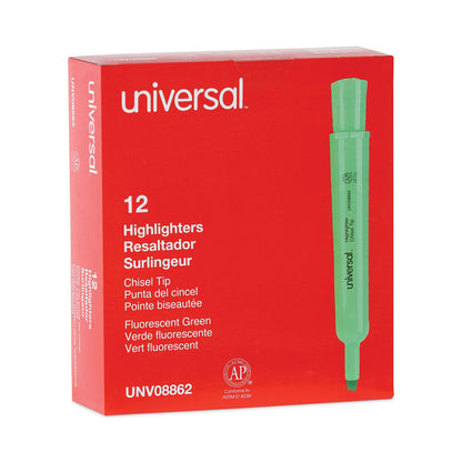 Universal Desk Highlighters, Fluorescent Green Ink, Chisel Tip, Green Barrel, Dozen