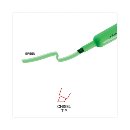 Universal Desk Highlighters, Fluorescent Green Ink, Chisel Tip, Green Barrel, Dozen
