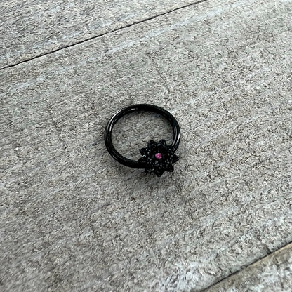 16G 3/8 Pink Gem Black Starry Flower Hinged Segment Ring