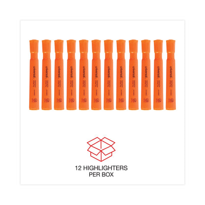 Universal Desk Highlighters, Fluorescent Orange Ink, Chisel Tip, Orange Barrel, Dozen