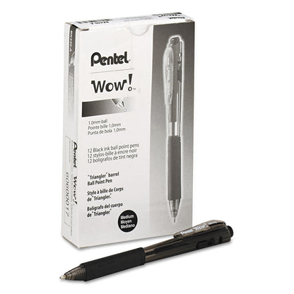 Pentel WOW! Ballpoint Pen, Retractable, Medium 1 mm, Black Ink, Black Barrel, Dozen